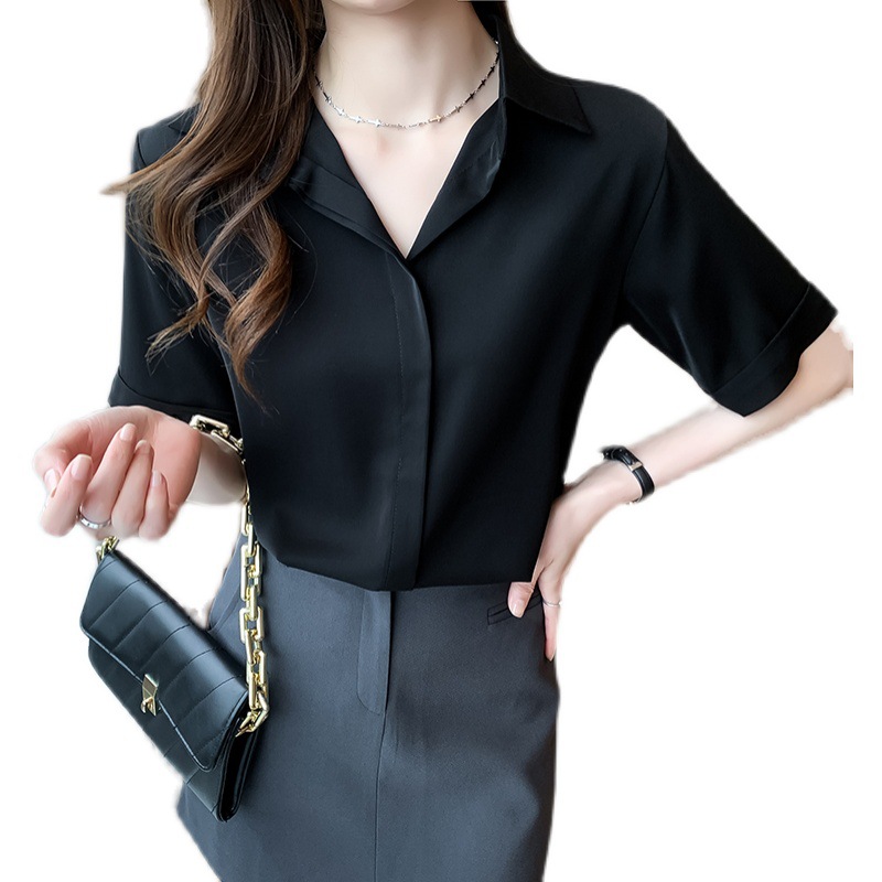 Short-sleeved chiffon shirt for women, 2022 Summer new style, fashionable professional white shirt, design sense, niche and elegant top Item Picture