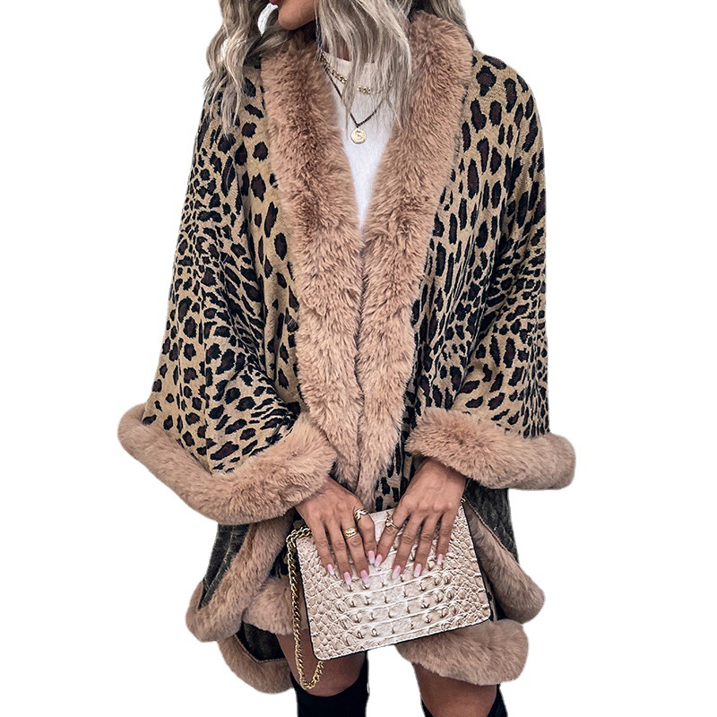 Drizzle 2023 Autumn And Winter New Europe And The United States Cross-Border Fur Collar Cape Cardigan Amazon Leopard Cape Sweater Woman Item Picture