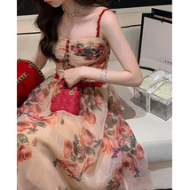 厂家批发赤茶玫瑰 法式碎花吊带连衣裙女 2022春季A字裙一件代发