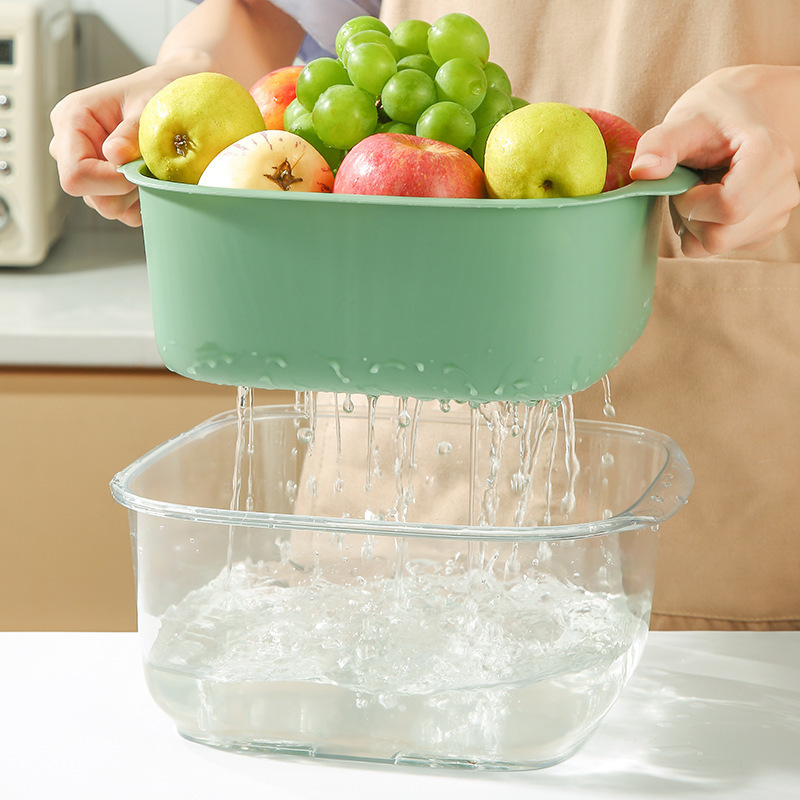 Custom Rice Washing Basket Multi-Functional Plastic Square Kitchen Large Simple Double Layer Fruit Drain Basket