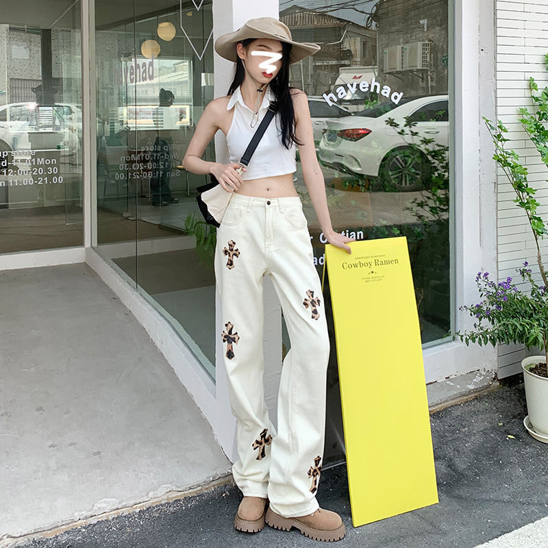 豹纹十字架牛仔裤女新款高个子小众阔腿宽松直筒裤子辣妹潮