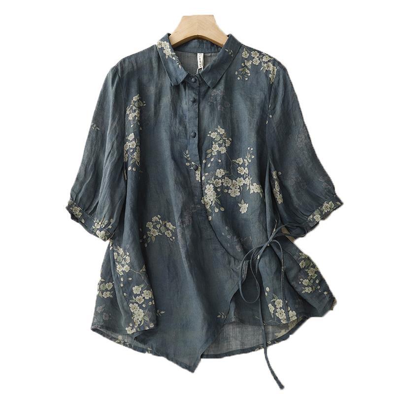 New summer 2023 Korean-style oversized oversized figure-concealing printed fashionable irregular cardigan, casual and elegant cotton and linen shirt for women Item Picture
