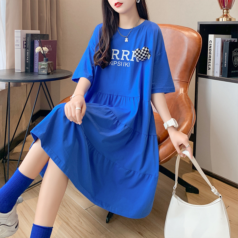 韩版潮流圆领短袖T恤女个性设计感字母宽松大码时髦中长款连衣裙图