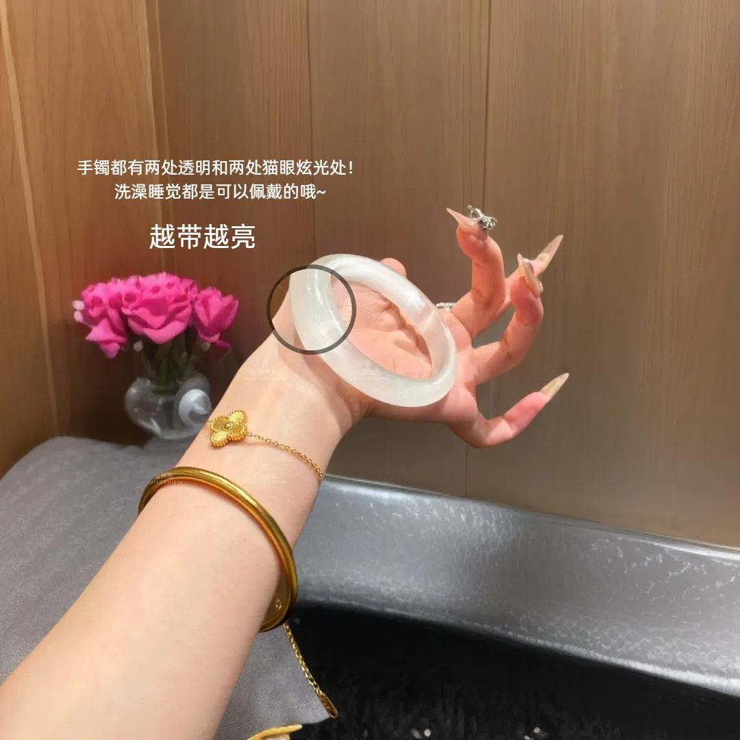 Natural white cat's eye stone white moonlight women's ice-transparent silver bracelet Jade bracelet high ice agate beauty jade bracelet for women Specification image