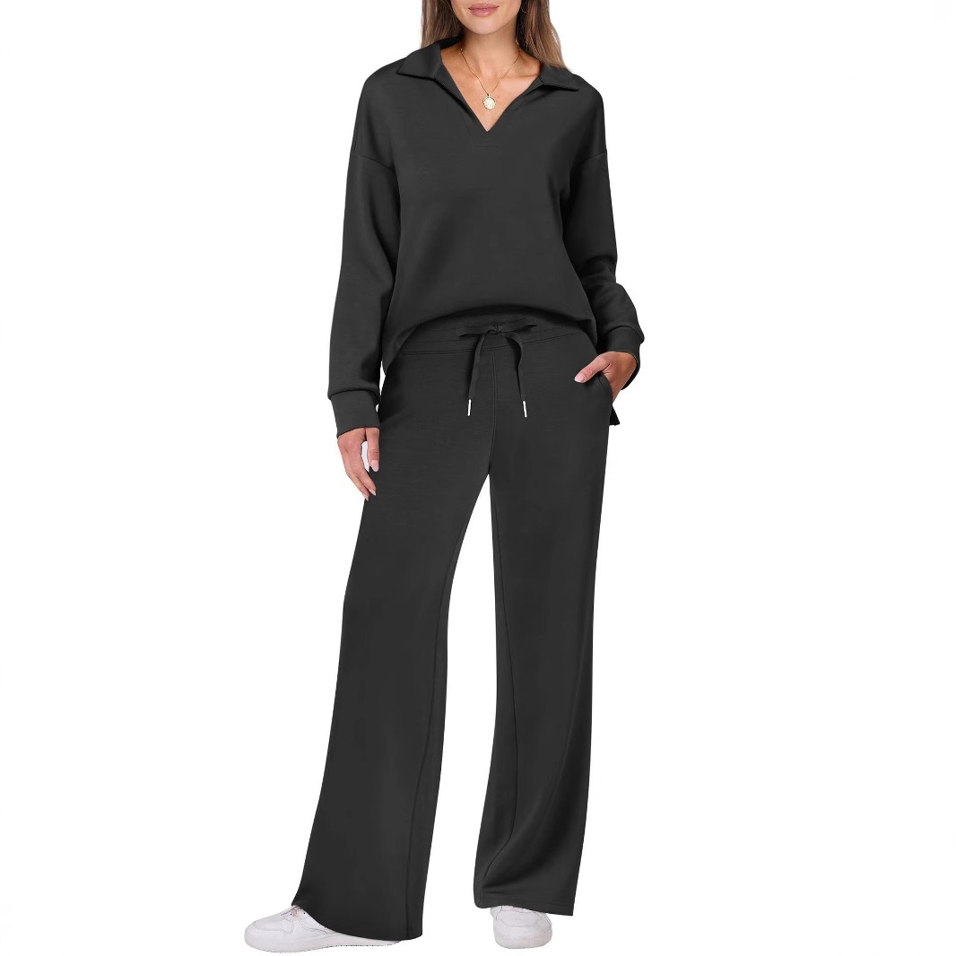 2025 Amazon Europe and America Autumn/Winter New Fashion Casual Women's long-sleeved drawstring Solid color commuter Long Pants Set for women details Picture