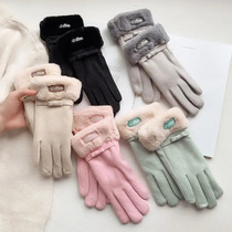 New gloves female autumn and winter plus velvet thickened de velvet riding warm touch screen cute outdoor driving gloves wholesale