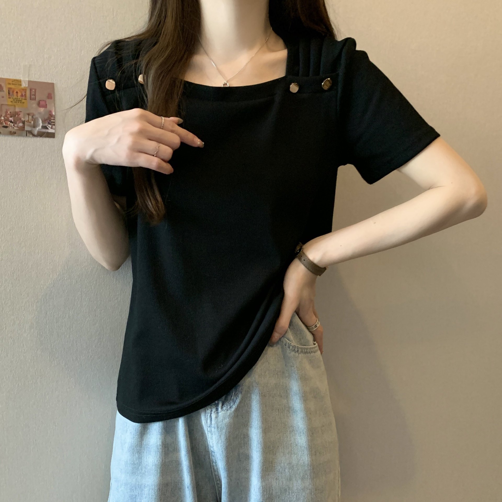 方领正肩短袖t恤女2026年夏季显瘦宽松设计感欧货短袖上衣A11743详情13