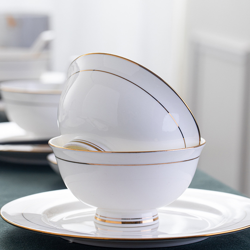 碗盘筷子自由组合家用金边骨瓷碗碟套装景德镇陶瓷餐具北欧风格图
