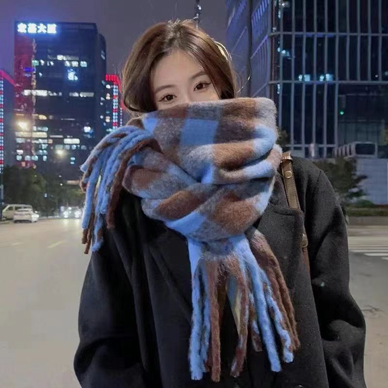 欧美爆款黑米格子围巾女甜美围脖冬季加厚保暖流苏情侣披肩百搭详情4