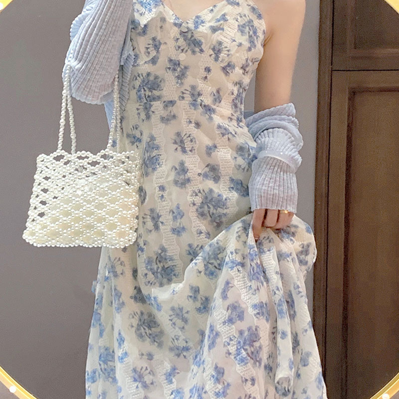 2022 New French First Love High-end blue floral halter dress, a children's trendy and youthful set for Spring and summer Item Picture