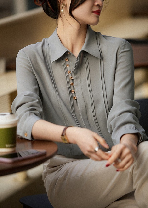 French original order European women's clothing Tuck line shirts for export ~ Early spring style French retro acetate mini tops trend Specification image