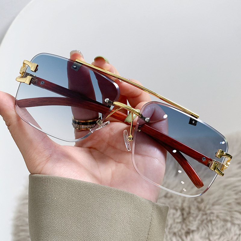 New cross-border personalized glasses, wood-grain leg frameless edge-cut sunglasses, double-beam fashionable and trendy sunglasses for women 90180 details Picture