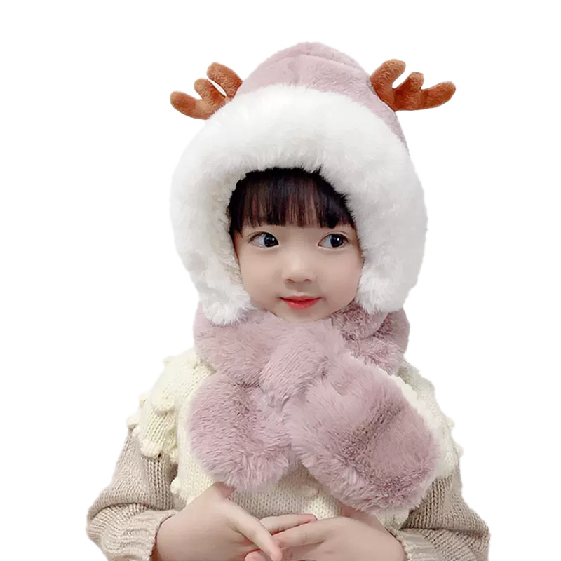 Winter children's hat and scarf integrated, thick, warm, plush, cute baby, antler ear-protecting hat for girls Item Picture