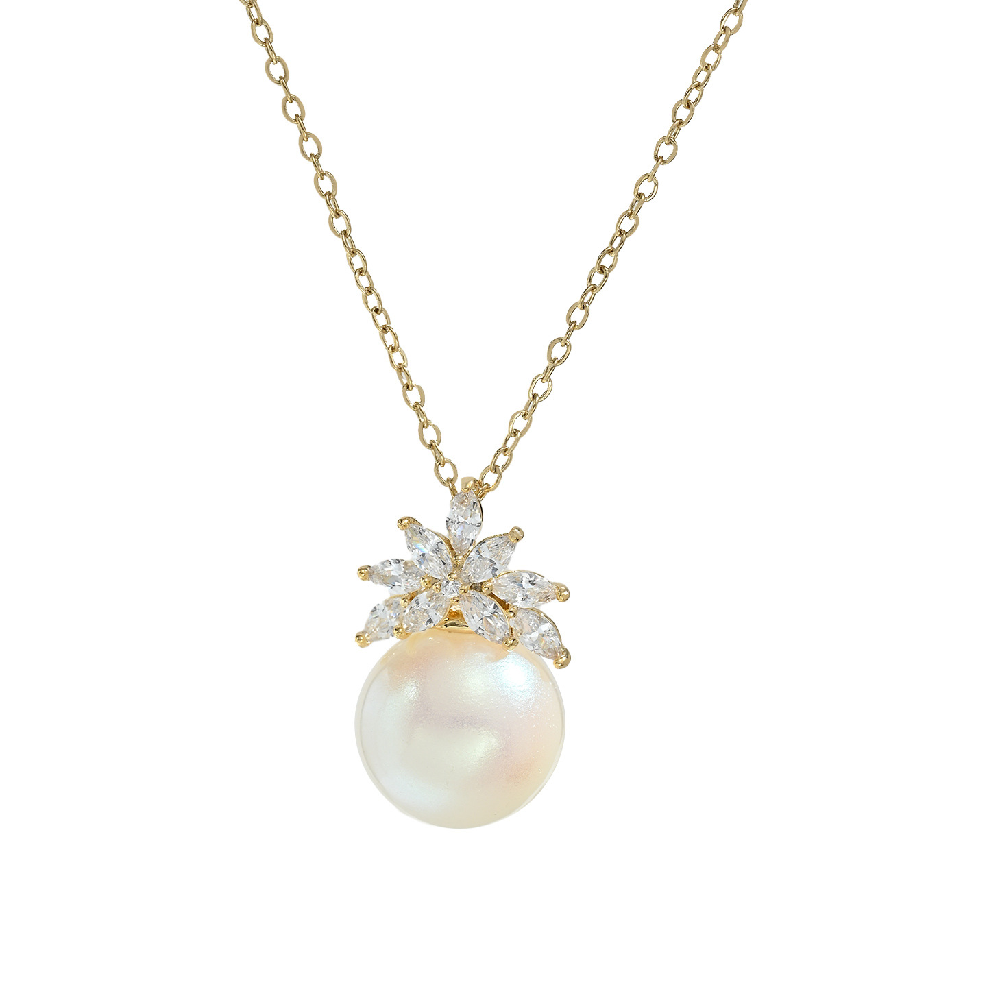 Wholesale of genuine gold electroplated zircon inlaid collarbone chain with a unique design sense for women, retro French pearl crown necklace Item Picture