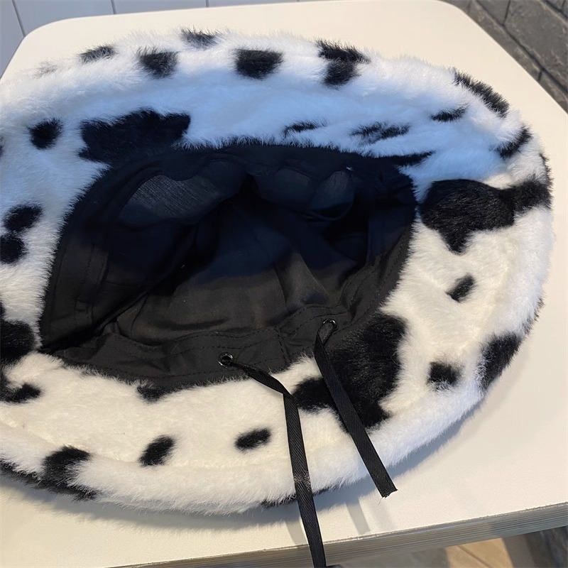 Horn Plush Fisherman Hat Female Autumn And Winter Warm Japanese Korean Version Of Cute Cow Print Basin Hat With Face Small Hat Application Scenario