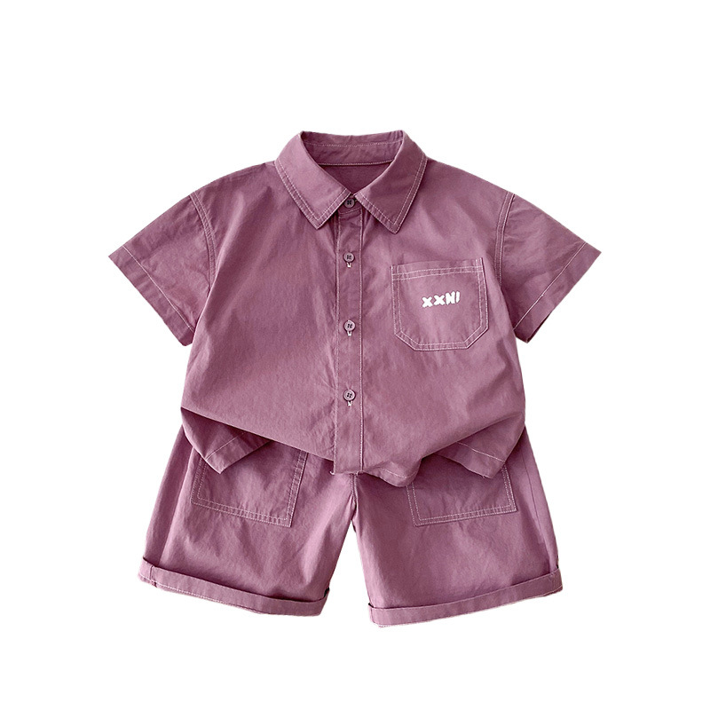 The 2024 summer new Korean-style boys' solid-color embroidered shirt, top and shorts two-piece set is trendy Item Picture