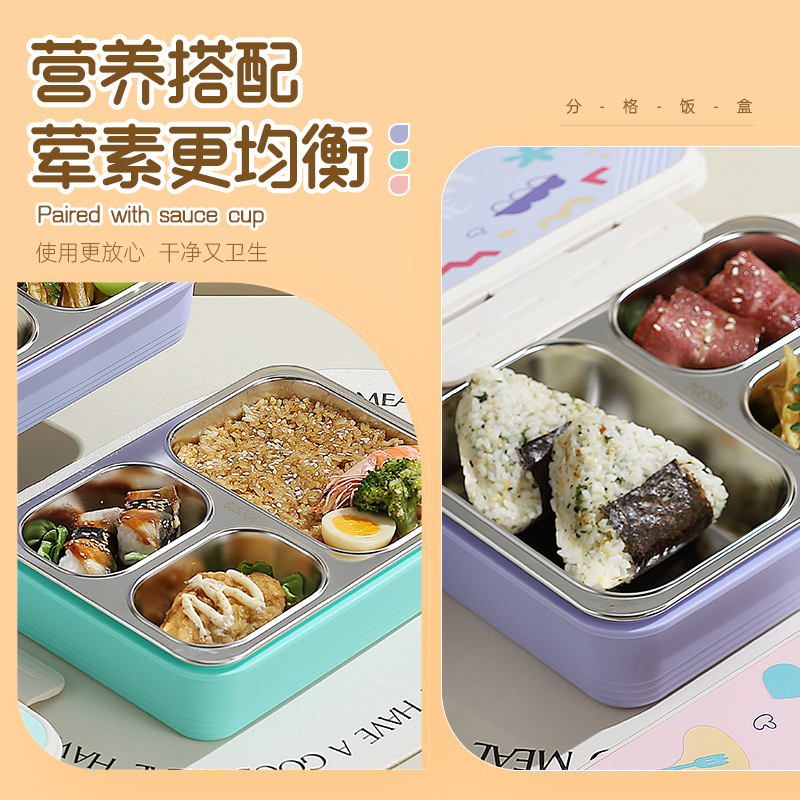 304 stainless steel cartoon cute medium partition insulated lunch box clip portable water-filled insulated lunch box details Picture