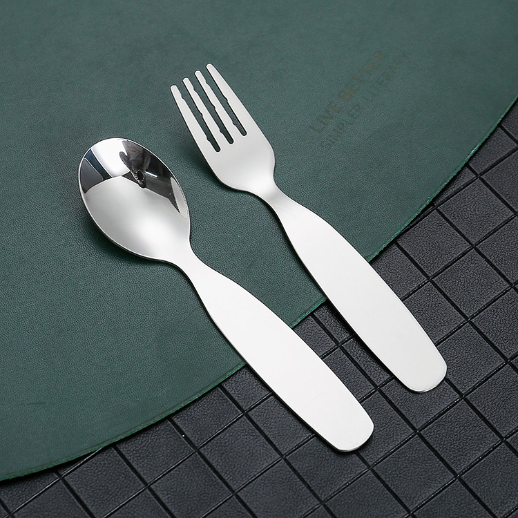 Creative Children's Stainless Steel Spoon And Fork Set Flat Handle Thickened Toddler Spoon Baby Spoon Eating Small Spoon And Fork details Picture