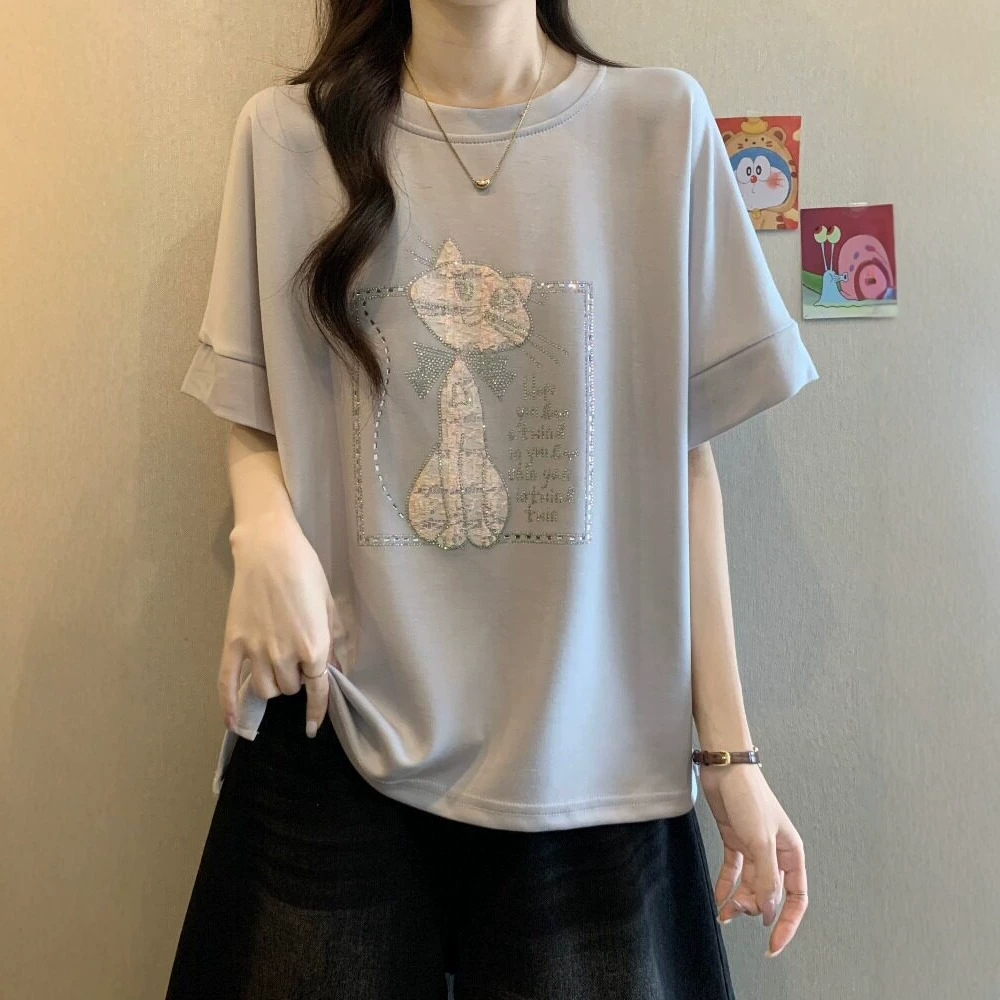 设计感洋气减龄烫钻短袖t恤女夏季新款微胖大码宽松短袖上衣11950