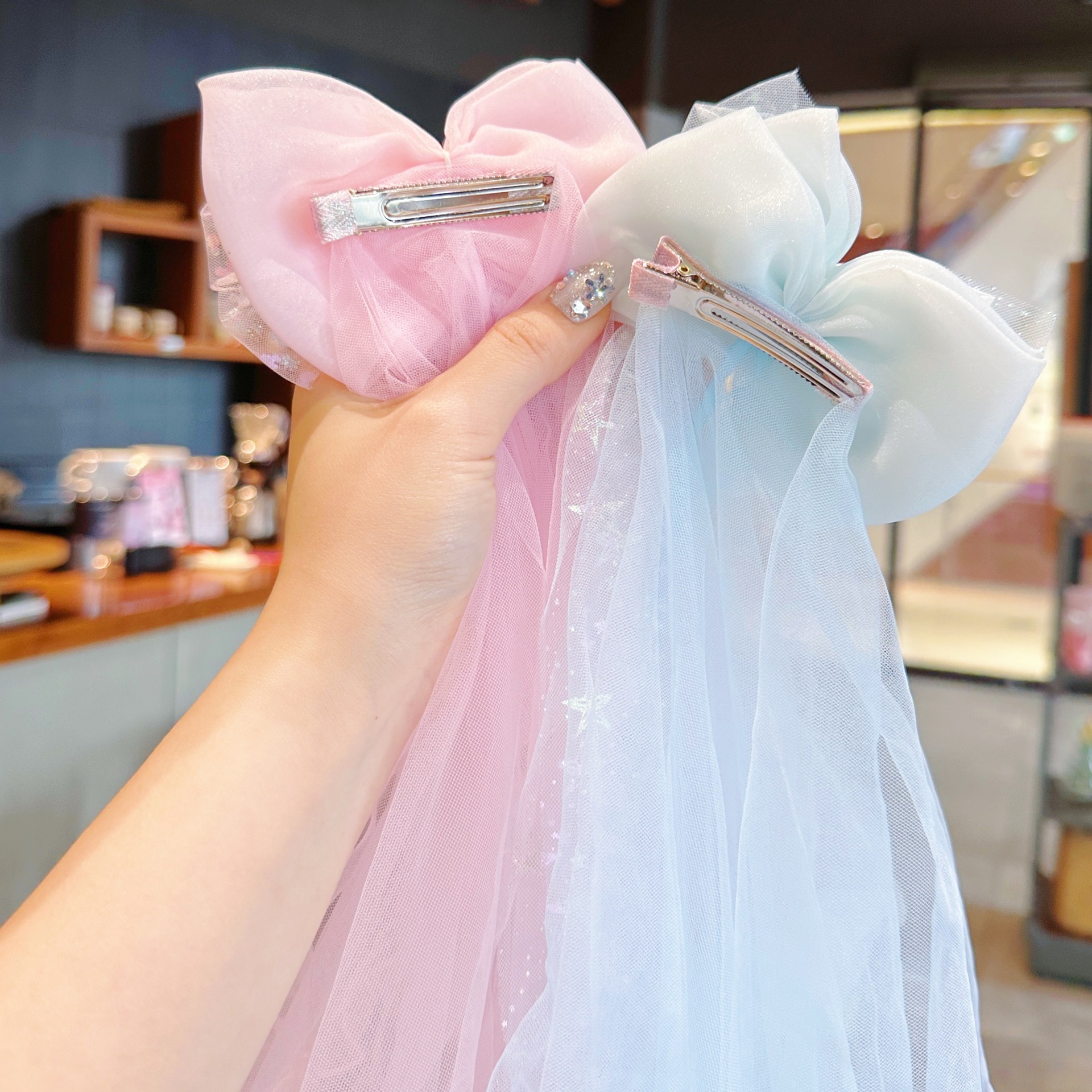 Korean Version Of The New Diamond Bow Draped Children's Hair Clip Net Red Photo Artifact Handmade Delicate Hair Accessories For Baby Girls Specification drawing