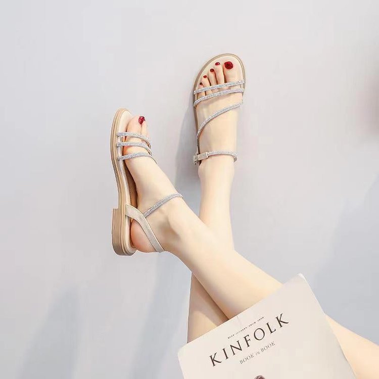 2025夏季新款仙女风罗马鞋沙滩鞋平底凉鞋女外穿水钻时尚百搭软底