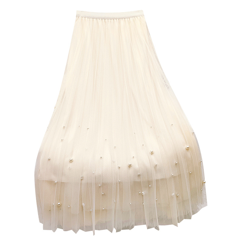 Heavy industry beaded mesh chiffon skirt, new autumn and winter high-waisted half skirt, fairy-like pleated skirt, mid-length A-line skirt Item Picture