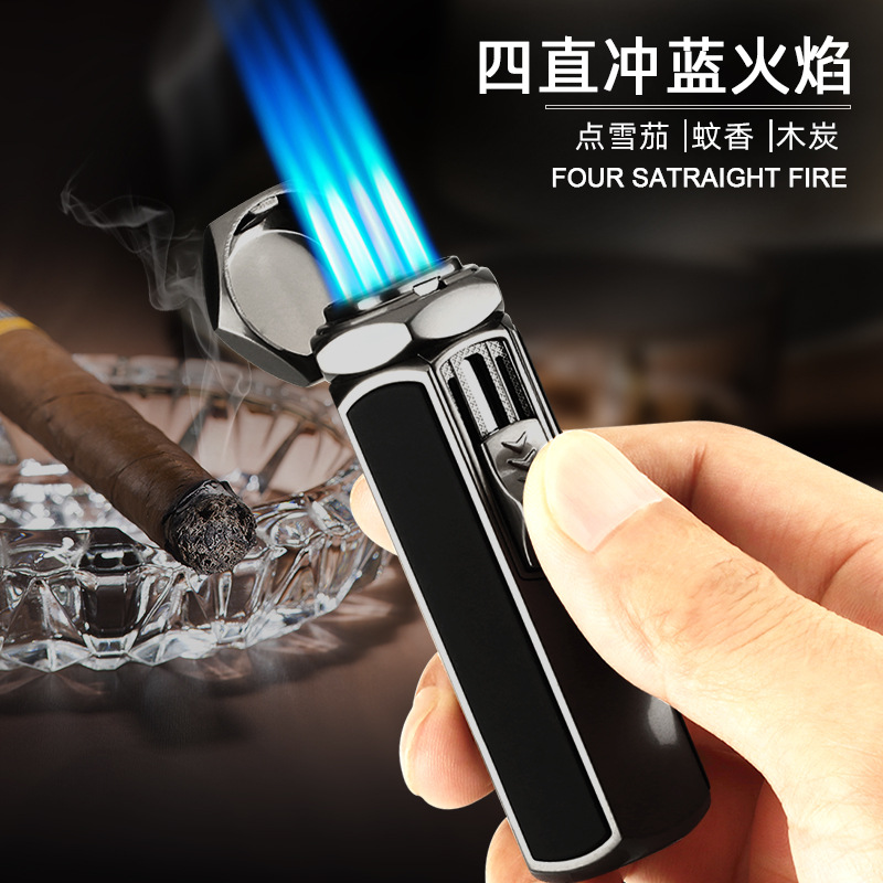 打火机厂家批发 四火直冲蓝焰喷枪点火器雪茄户外烧烤木炭打火机