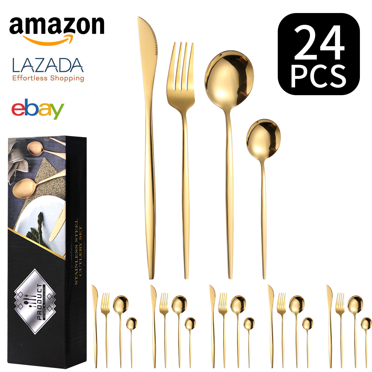 cutlery set 跨境餐具不锈钢餐具套装葡萄牙24件套刀叉勺套装金色