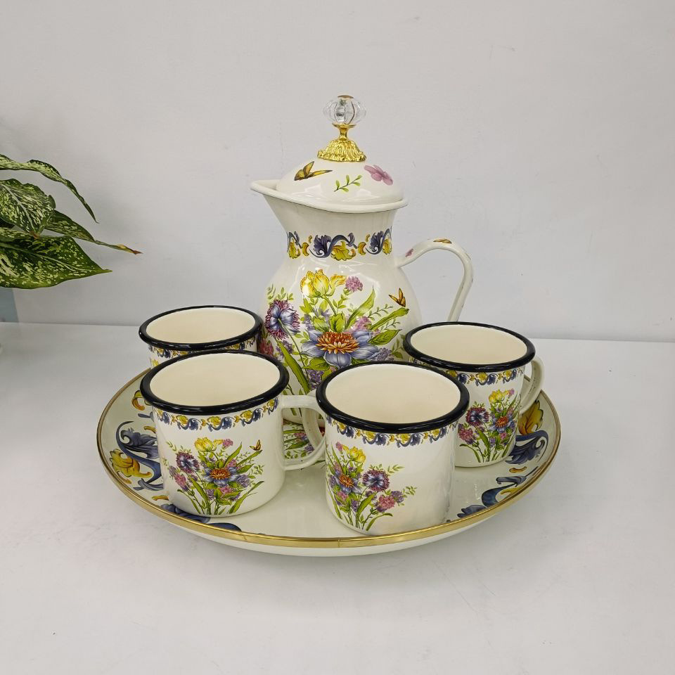 Amazon wish Shopee's best-selling new enamel teapot set: 1 vase teapot, 4 cups, and a plate in cream white Specification image
