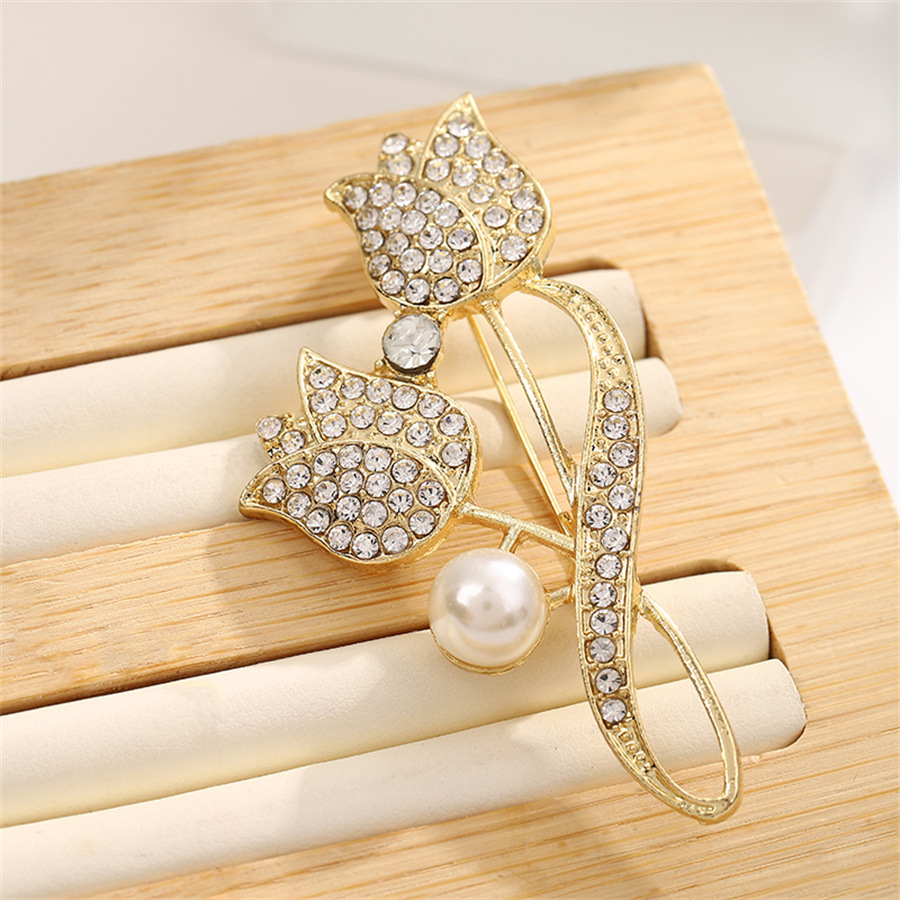New Drop Pearl Tulip Brooch Full Of Drill Flowers Suit Dress Pin To Secure The Dress Corsage To Prevent Exposure details Picture