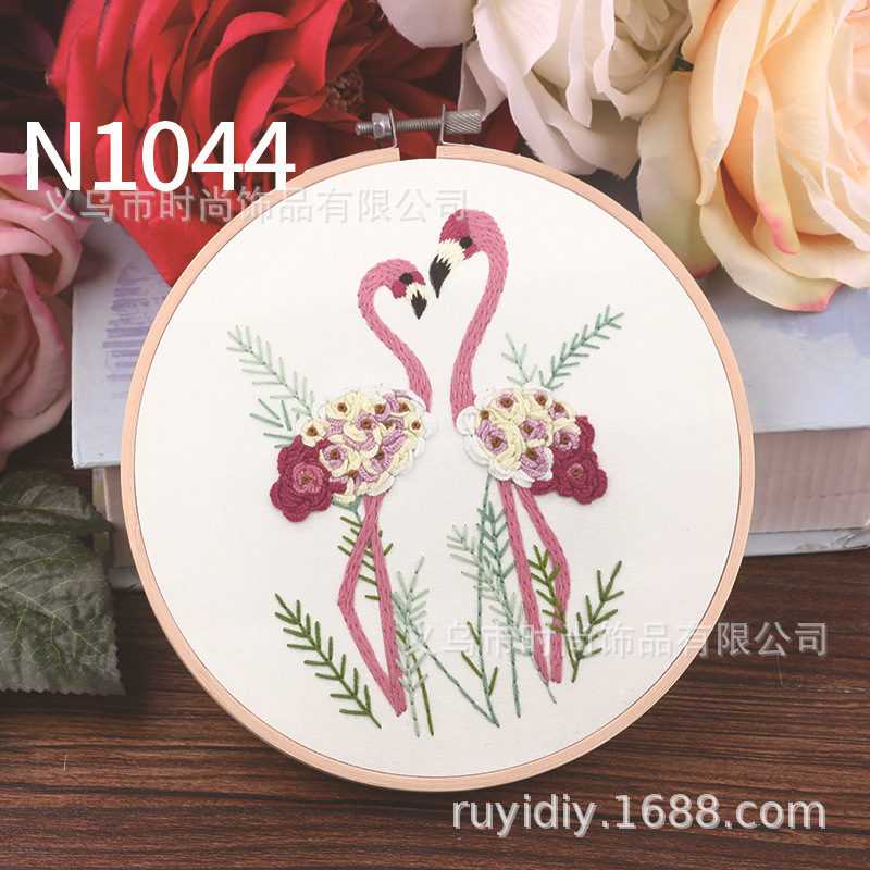 Wholesale cross-stitch hand-embroidered fabric DIY material package, European-style embroidery, three-dimensional embroidery of two flamingos details Picture