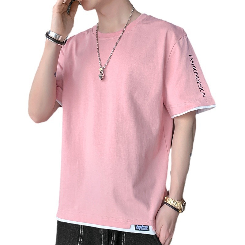 Men's T-Shirt Short Sleeve 2024 New Summer Loose Ins Trend Boys Fake Two T-Shirt Half Sleeve Clothes Item Picture
