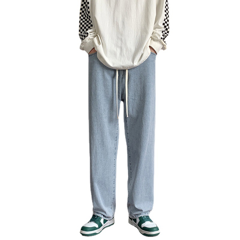 Autumn straight-leg jeans for men, straight-leg loose, long pants for teenagers and students, elastic waist, floor-length, trendy brand wide-leg pants Item Picture