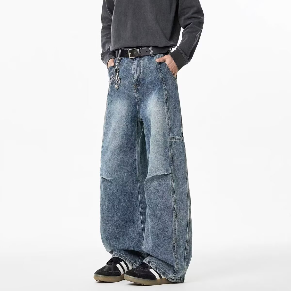 FUIV American high street jeans, men's spring pleated wide-leg pants, loose straight-leg washed stylish casual pants details Picture