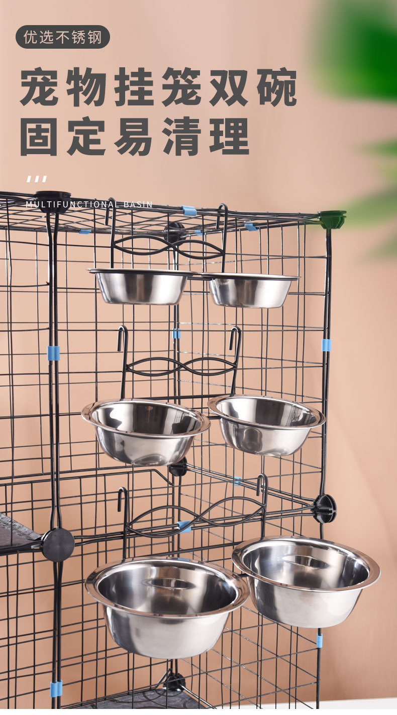 Hanging pet bowl, dual-purpose for eating and drinking, cat and dog bowl, anti-tipping hanging basket type stainless steel pet bowl Application Scenario
