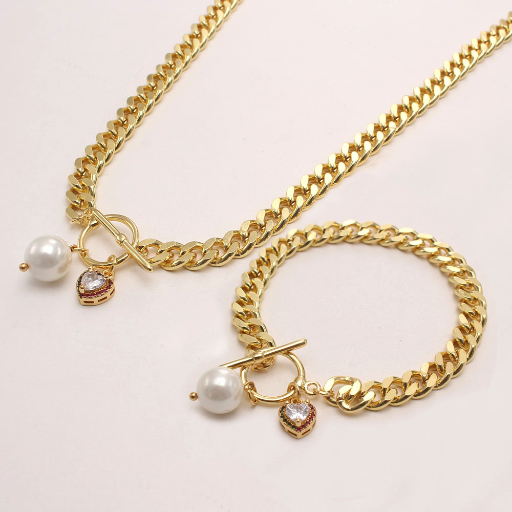 INS Cuban micro zircon Love shell Pearl pendant thick chain copper plated real gold necklace bracelet set Specification drawing