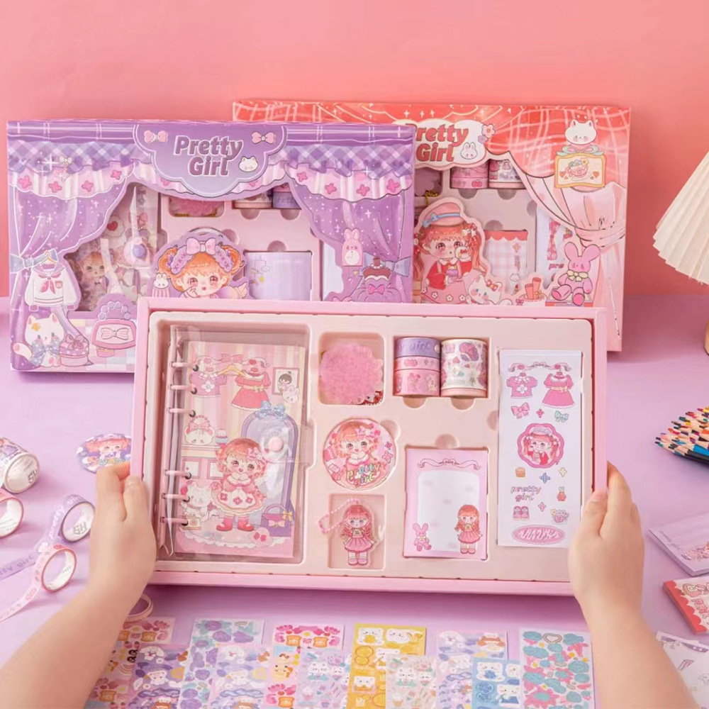 Cute notebook set, complete wholesale of loose-leaf student stationery gifts, children's birthday presents, notebook gift box details Picture