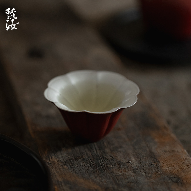 梵汝 日式郎红手工粉引落栀花边口品茗杯功夫茶具个人茶杯闻香杯