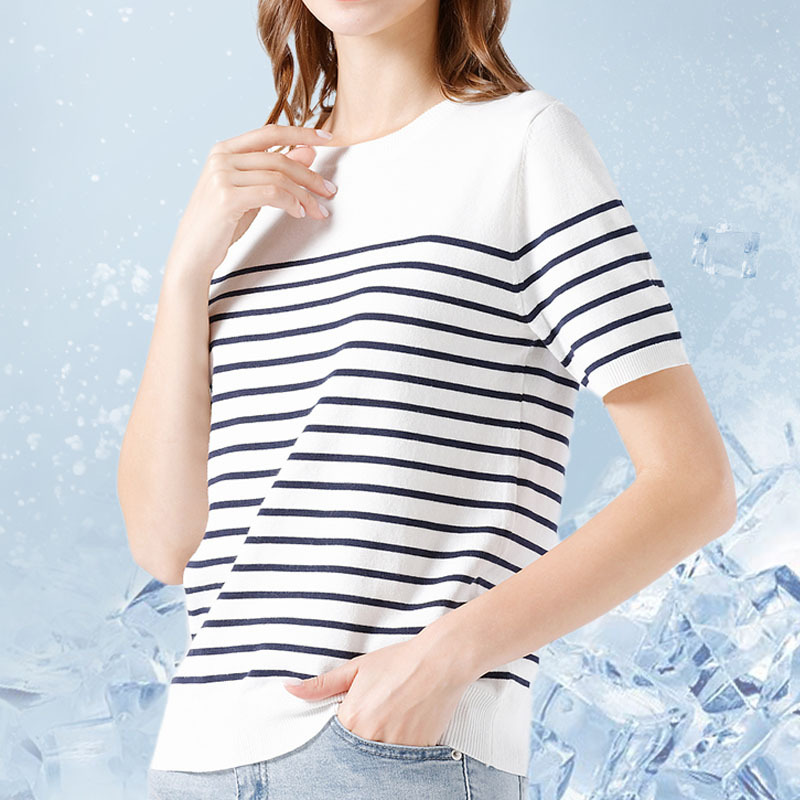 夏季黑白撞色条纹针织衫圆领休闲打底衫简约白色短袖t恤上衣女