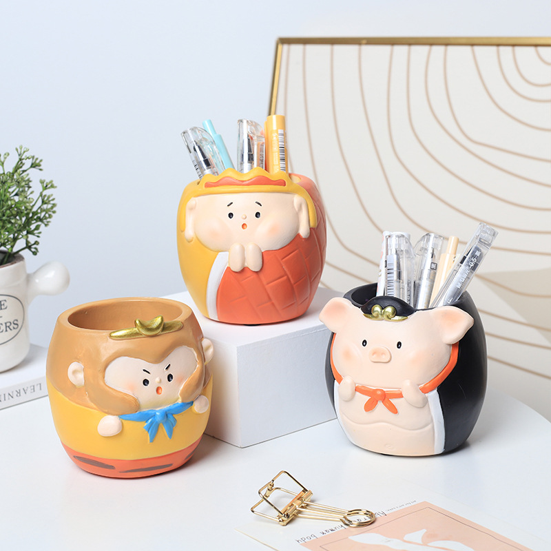 Cartoon resin student stationery storage pen container crafts creative funny office desktop Journey to the West flower pot decoration details Picture