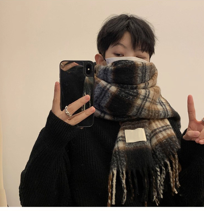新款氛围男士围巾韩版秋冬百搭保暖围巾格子高级感围脖送男友礼物详情9