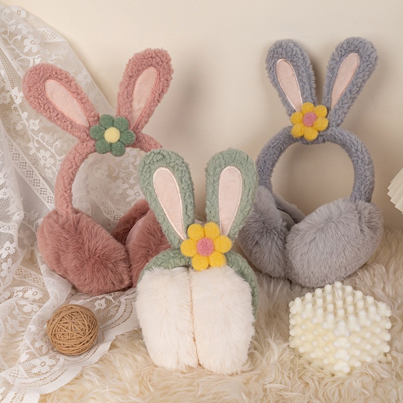 美亚跨境秋冬保暖防寒耳罩可折叠成人兔耳朵可爱花朵毛绒耳套护耳