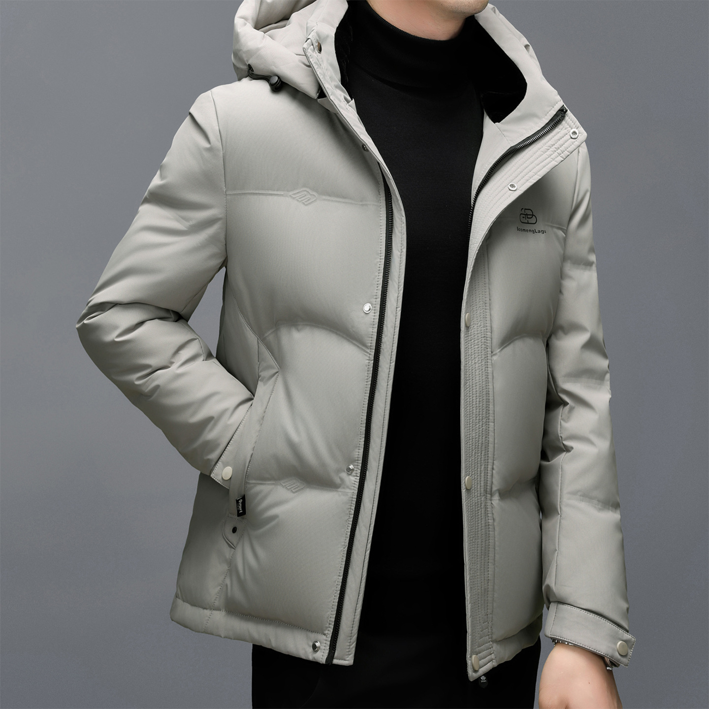 The new hooded down jacket for men in winter is warm and thick. The white duck down casual business jacket for middle-aged dads is trendy details Picture