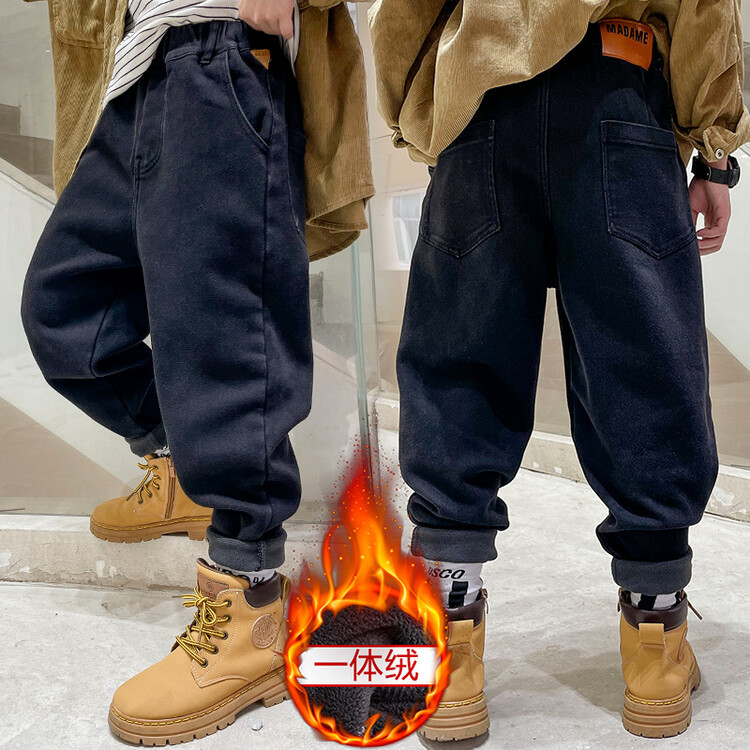 Children's jeans with fleece and thickening, new one-piece fleece children's loose pants for boys from Zhongda Tong, winter style