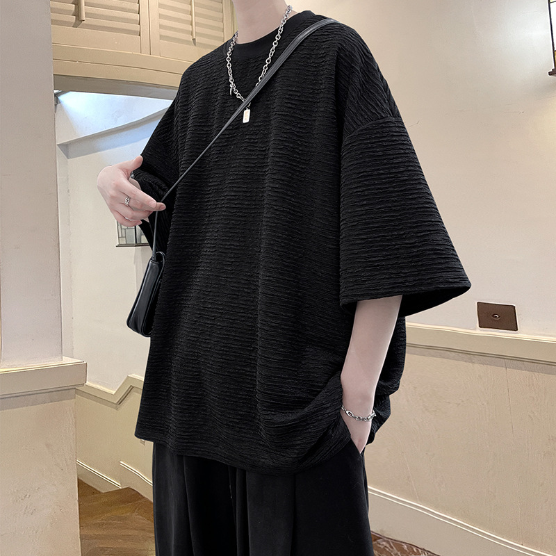 Hong Kong-style three-dimensional horizontal stripe, Chanel style, off-the-shoulder loose, men's 5-inch large size, versatile half-sleeved, ins Korean style short sleeved