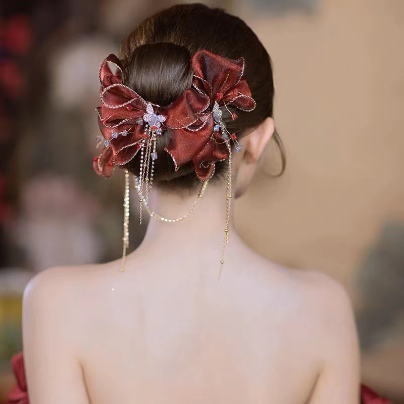 Ethnic Style Headwear Chinese Vintage Wine Red Bow Hair Clip Mori Tie Fairy Beauty Fringe Toasted Dress With Accessories Item Picture