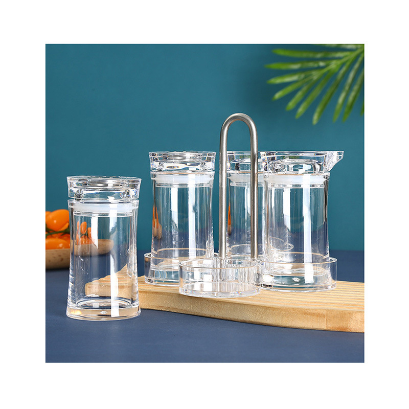 Set of Acrylic Seasoning Bottles with Various Spices and Sauces Inside