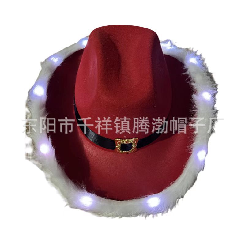 厂家直销 圣诞节 羽毛红色 黑带 西部牛仔帽 狂欢 圣诞带灯老人帽图