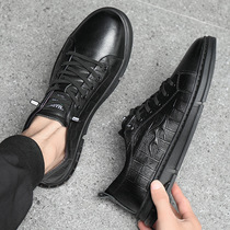 Real leather shoes men's autumn first layer cowhide print casual leather shoes trend thick sole boys flat shoes wholesale
