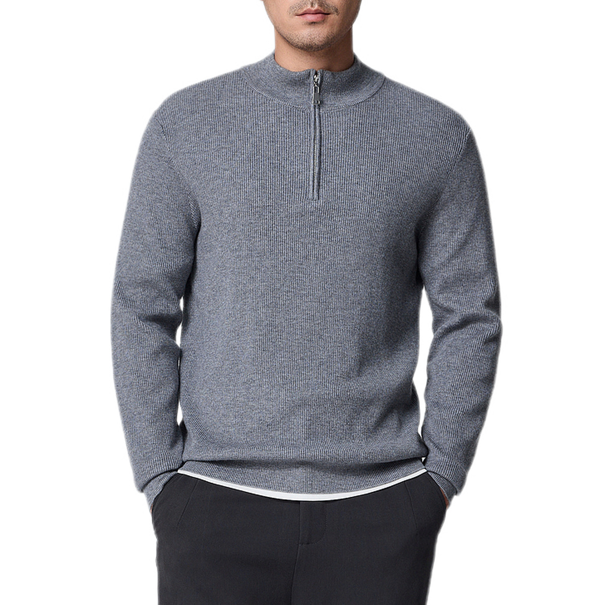Momeck Men's semi-high neck zipper men's wool sweater for Winter 2024 New solid color striped sweater for men, 21940 Item Picture